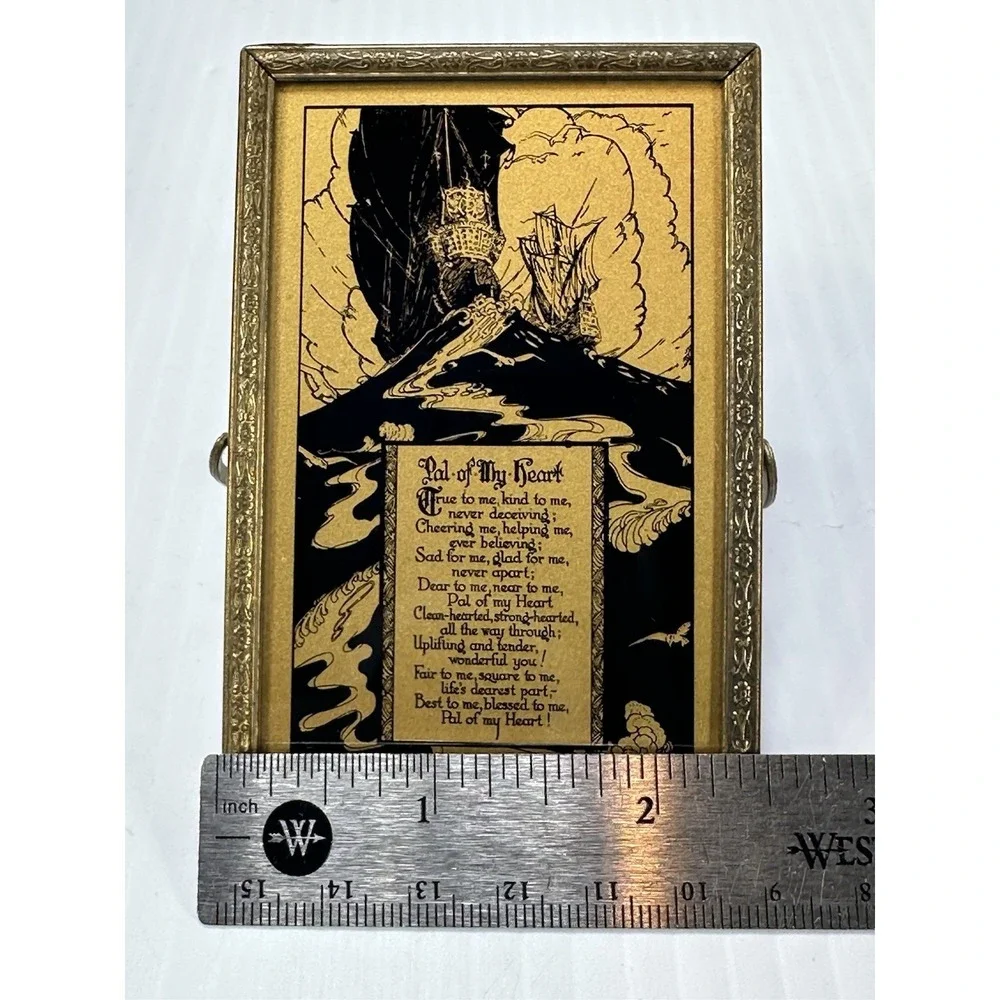 Vintage 1930 Hand Held Mirror Gold Black Ships Poem Pal of My Heart 3.5